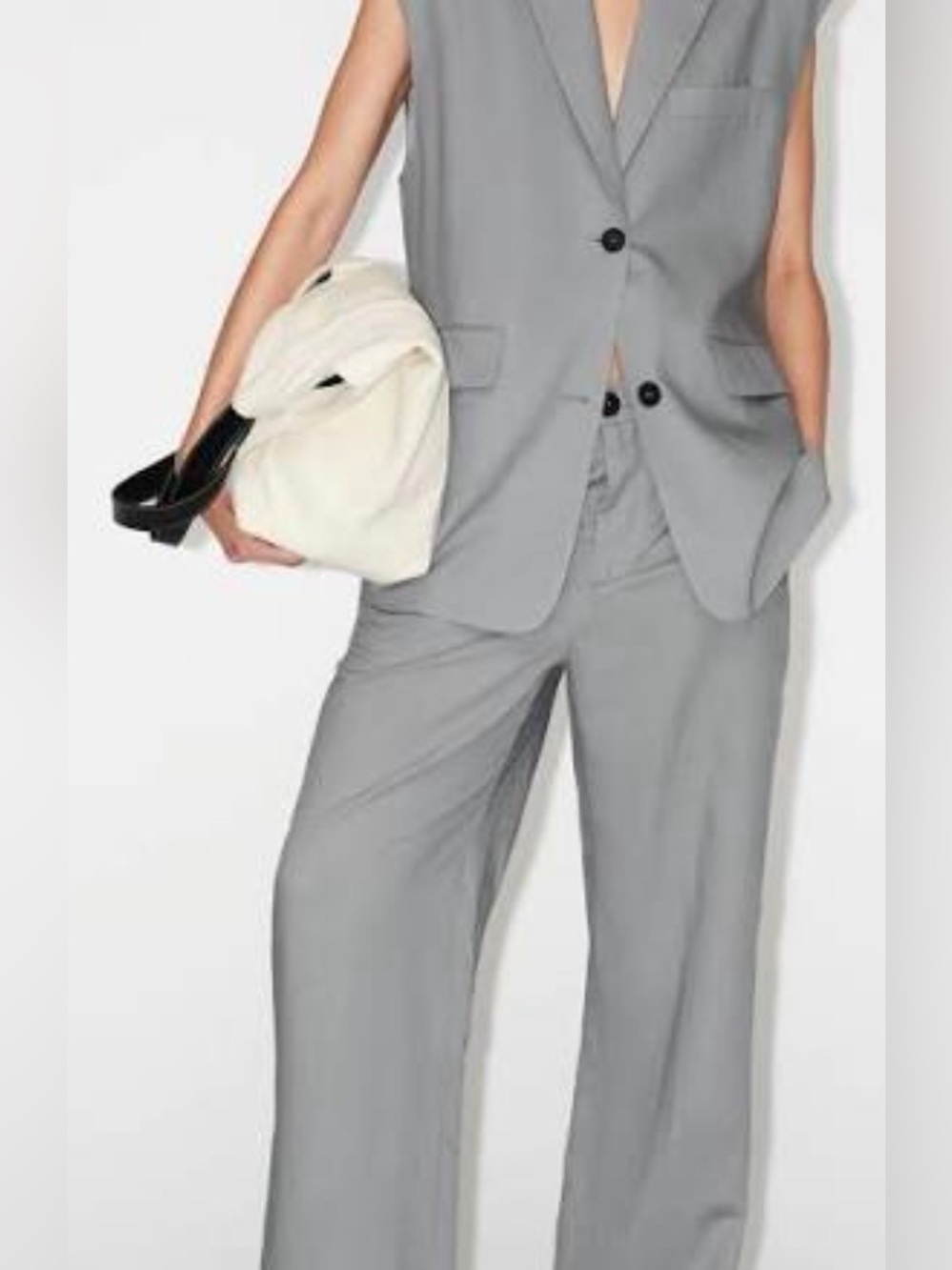 Zara Linen Blend Light Gray Sleeveless Blazer with Flared Trousers